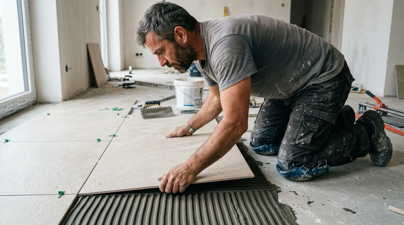 Tile setter laying a large-format tile onto a freshly adhesive-combed floor