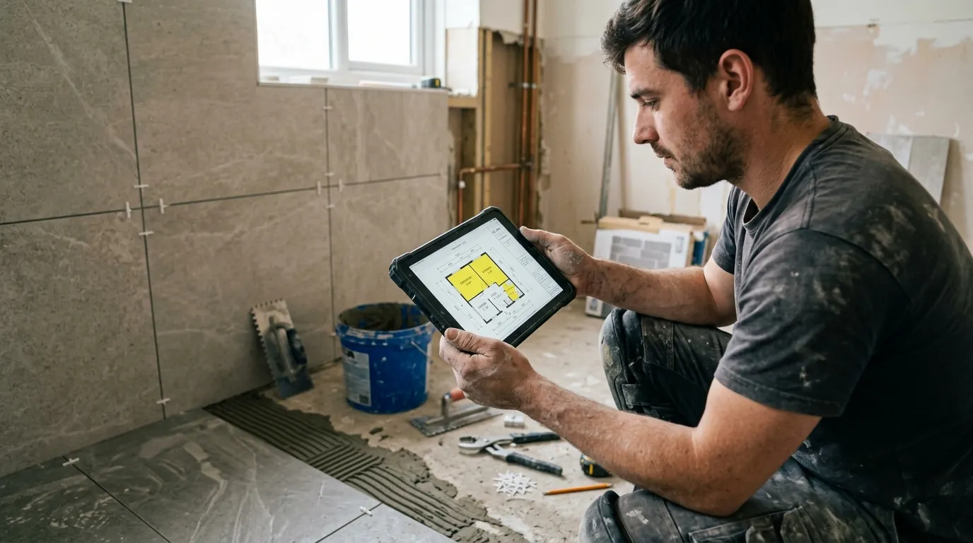 Professional tile setter consulting an architectural plan on a tablet in a bathroom being tiled