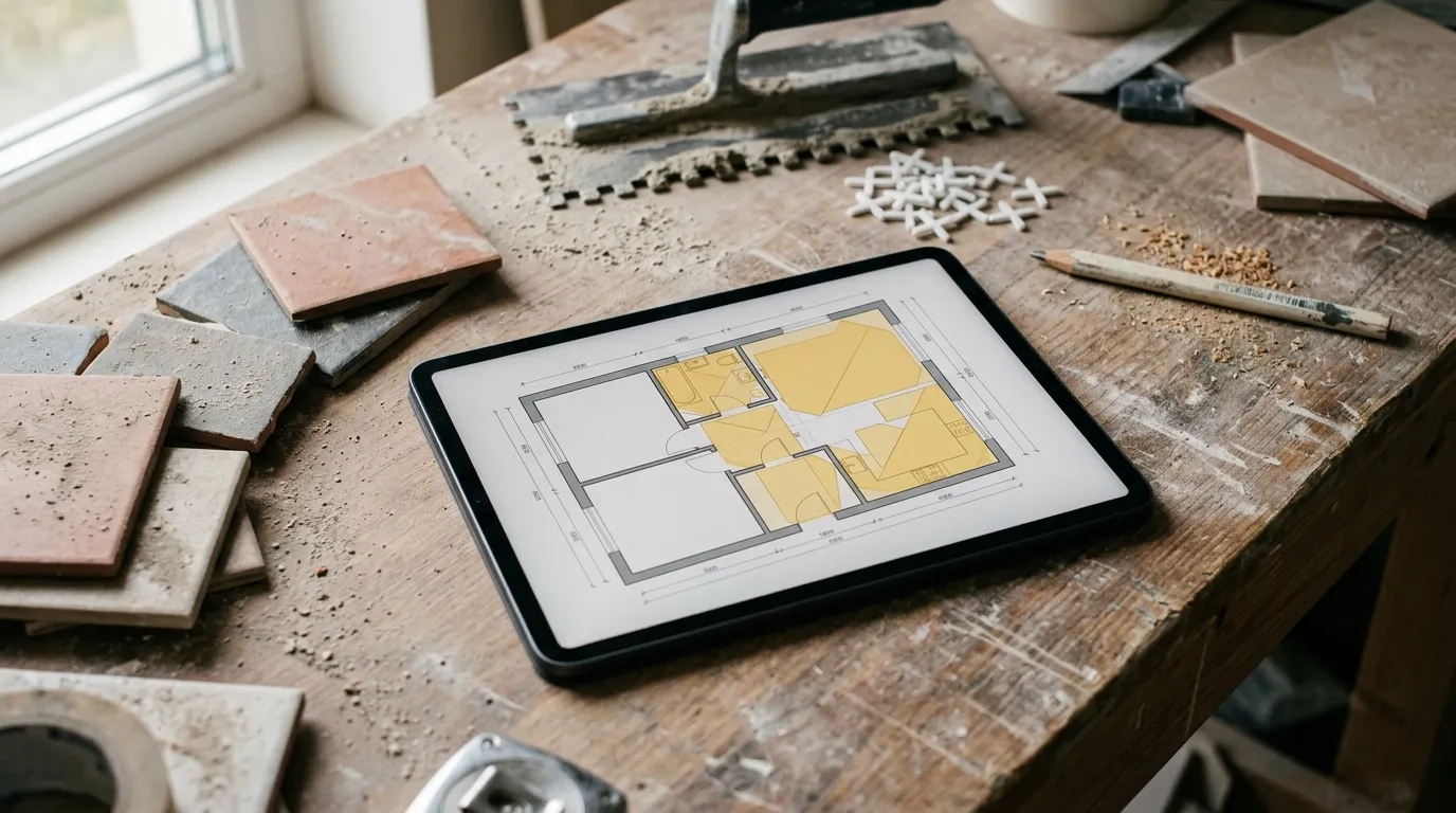 Tablet on a workbench with tiles, notched trowel and spacers, displaying an architectural plan with floor areas marked as yellow polygons