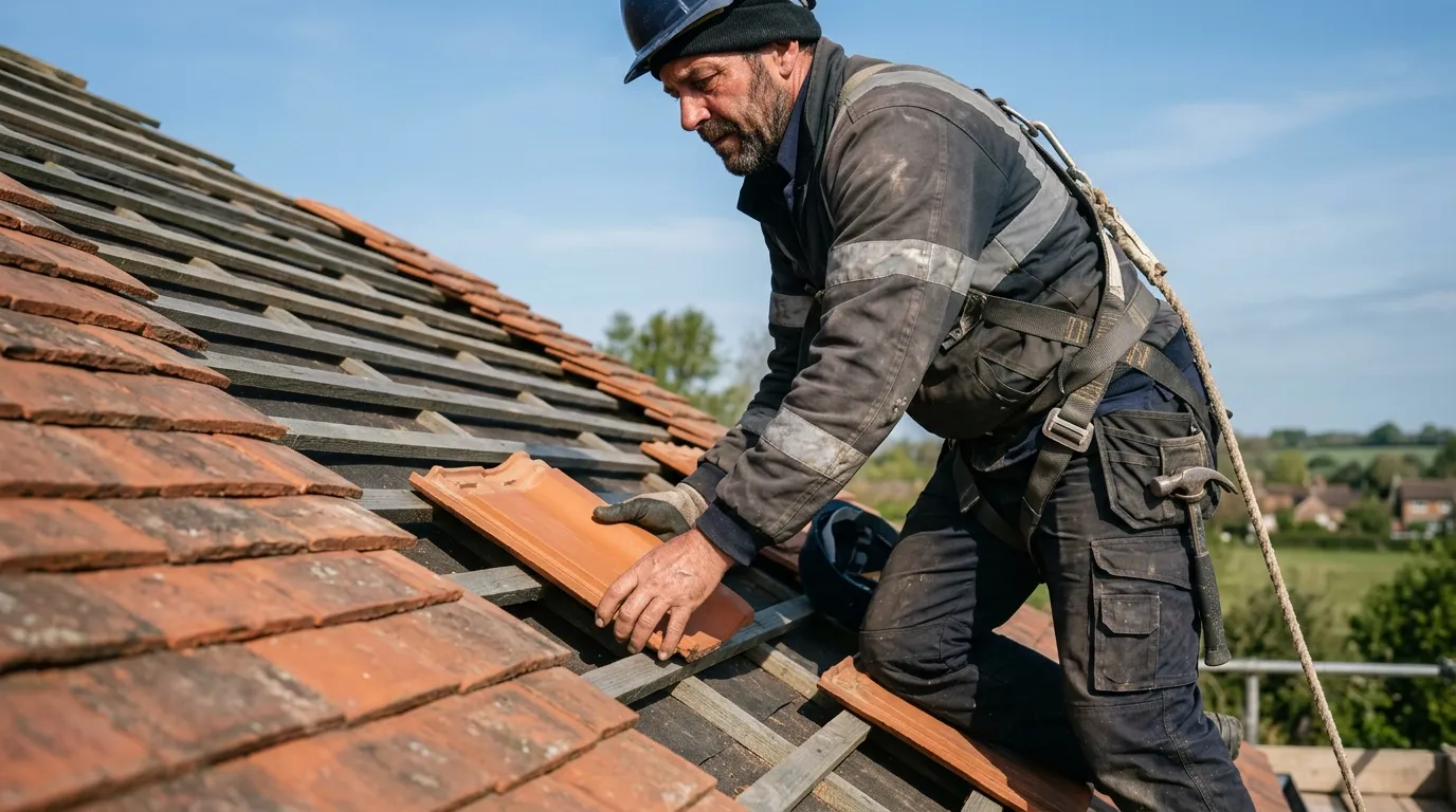 Roofer laying a clay tile onto the battens of a pitched roof