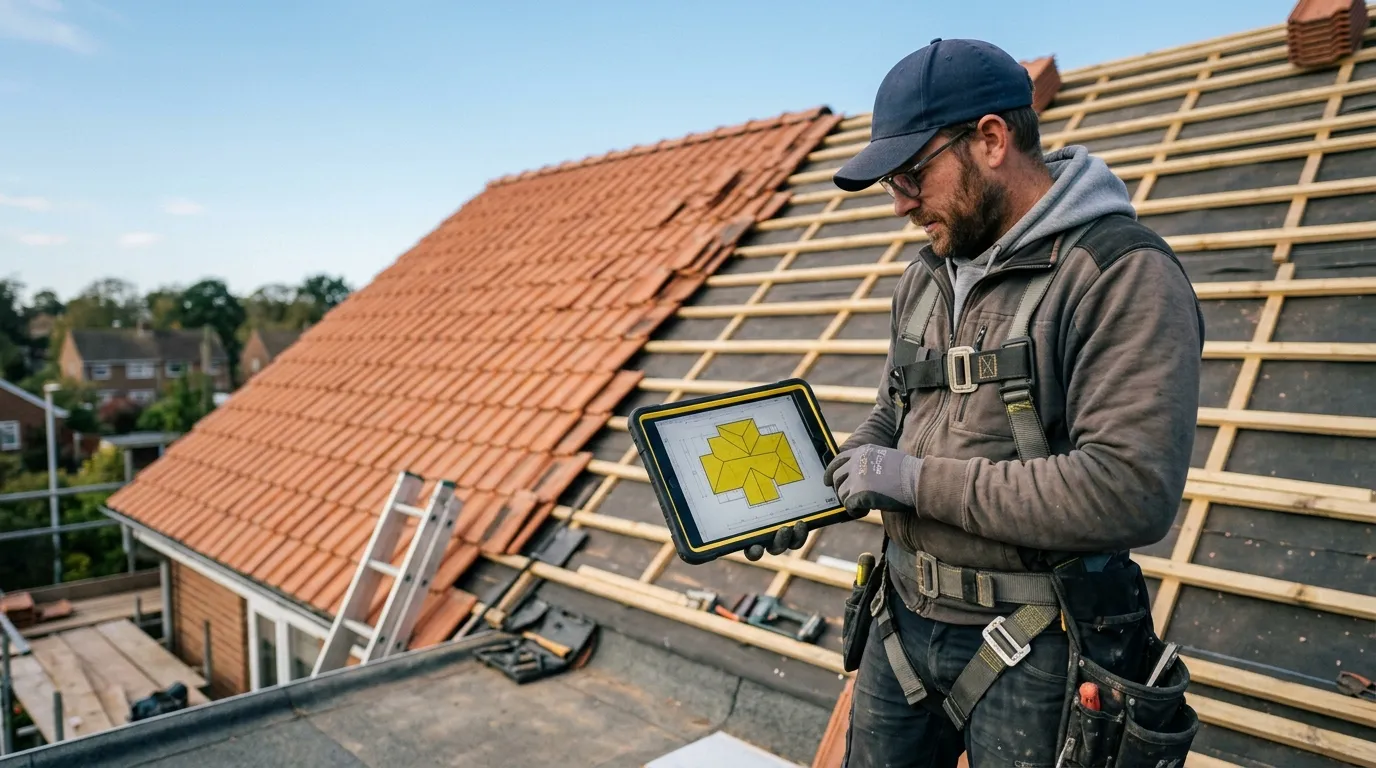 Professional roofer consulting a roof plan on a tablet beside a partially tiled roof