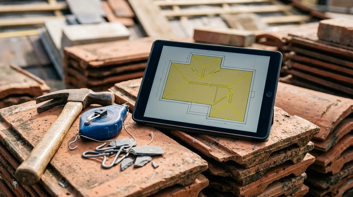 Tablet on a stack of roof tiles with roofer's hammer and chalk line, displaying a roof plan with slopes marked as yellow polygons