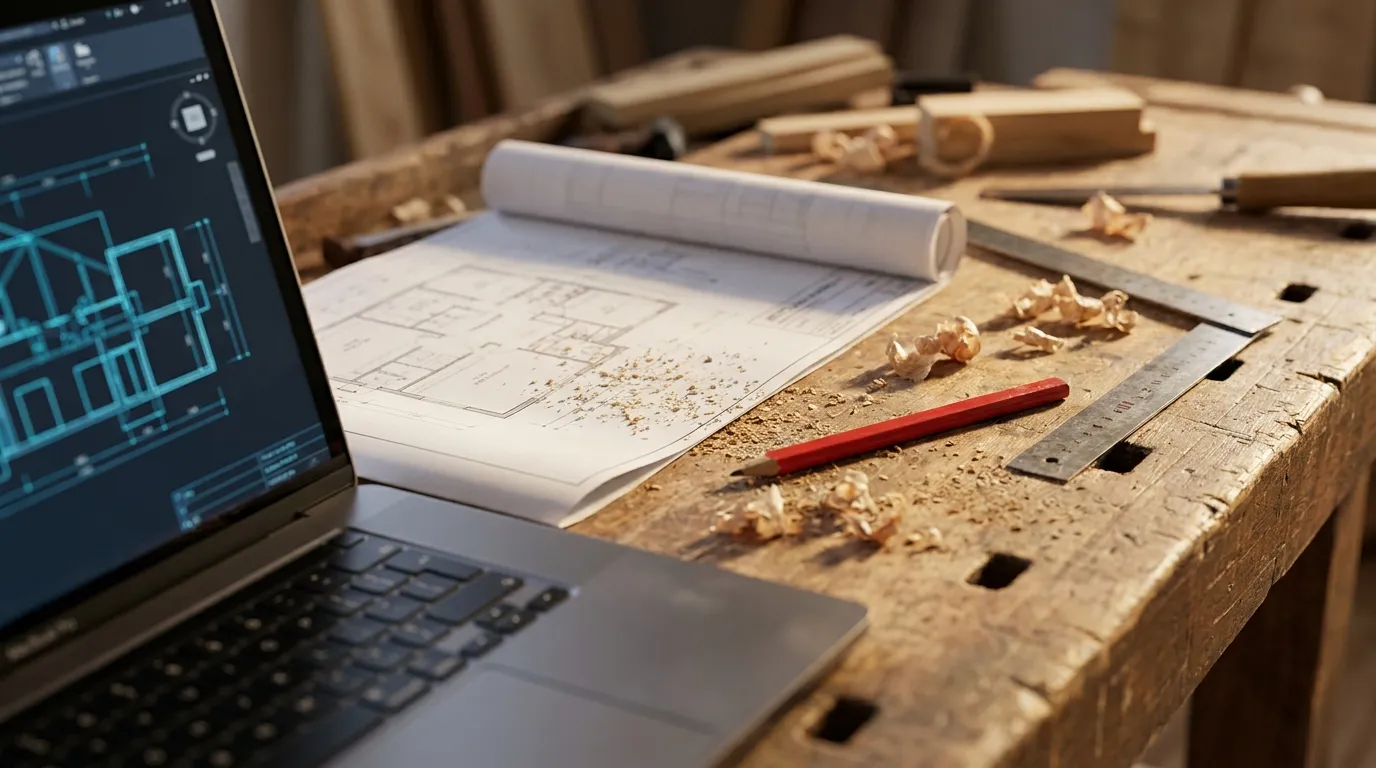 Détail d'un établi avec l'écran d'un ordinateur portable montrant un dessin technique, un plan imprimé, un crayon de charpentier et une règle métallique