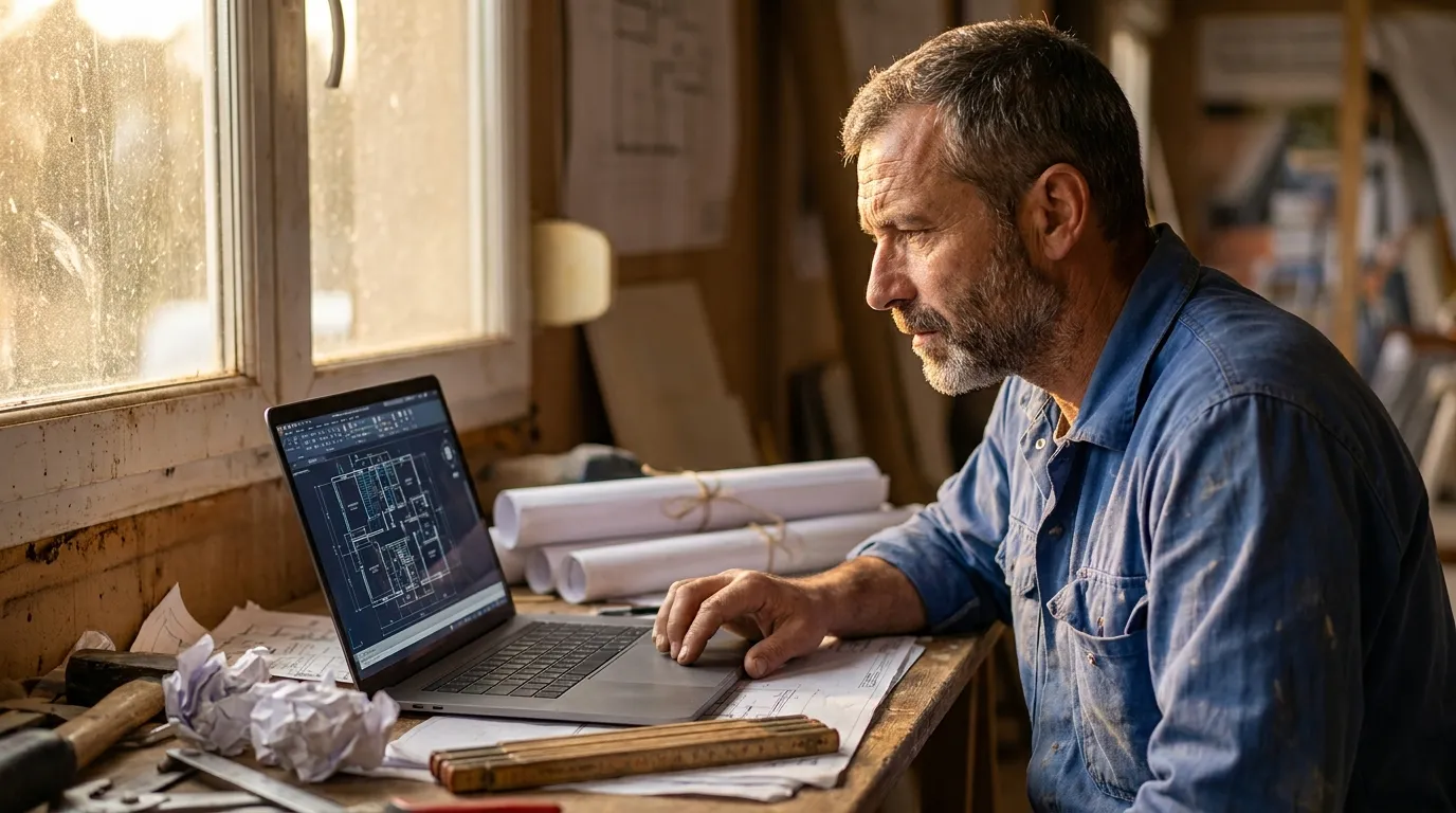 Professionnel du bâtiment dans un bureau de chantier ouvrant un plan technique CAO sur son ordinateur portable, plans papier roulés à côté