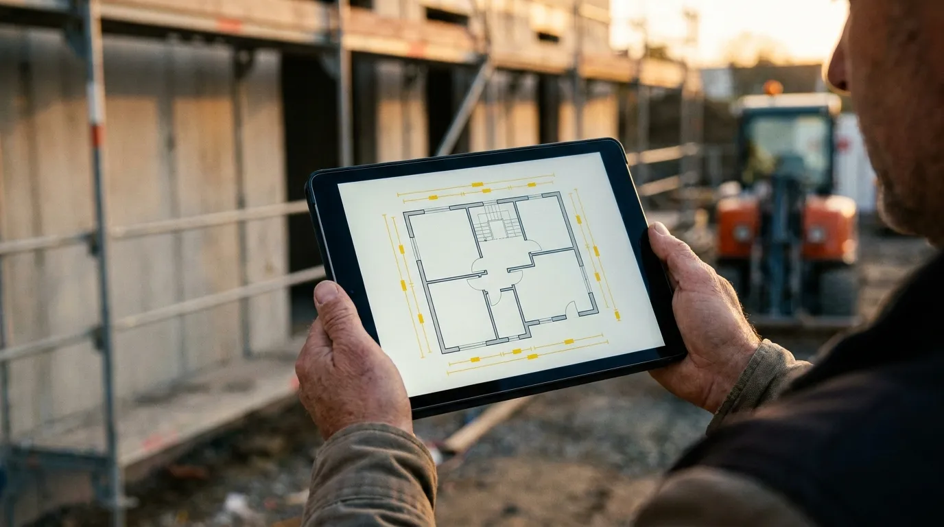 Tablette tenue à deux mains sur un chantier affichant un plan converti avec des surfaces mesurées surlignées en jaune