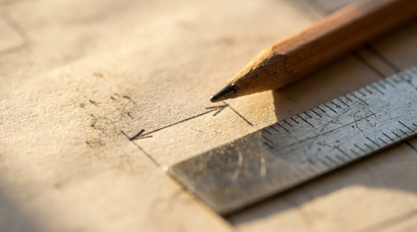 Gros plan sur un plan d'architecte imprimé montrant des lignes de cote et des flèches, une règle métallique posée dessus et la pointe d'un crayon sur une cote