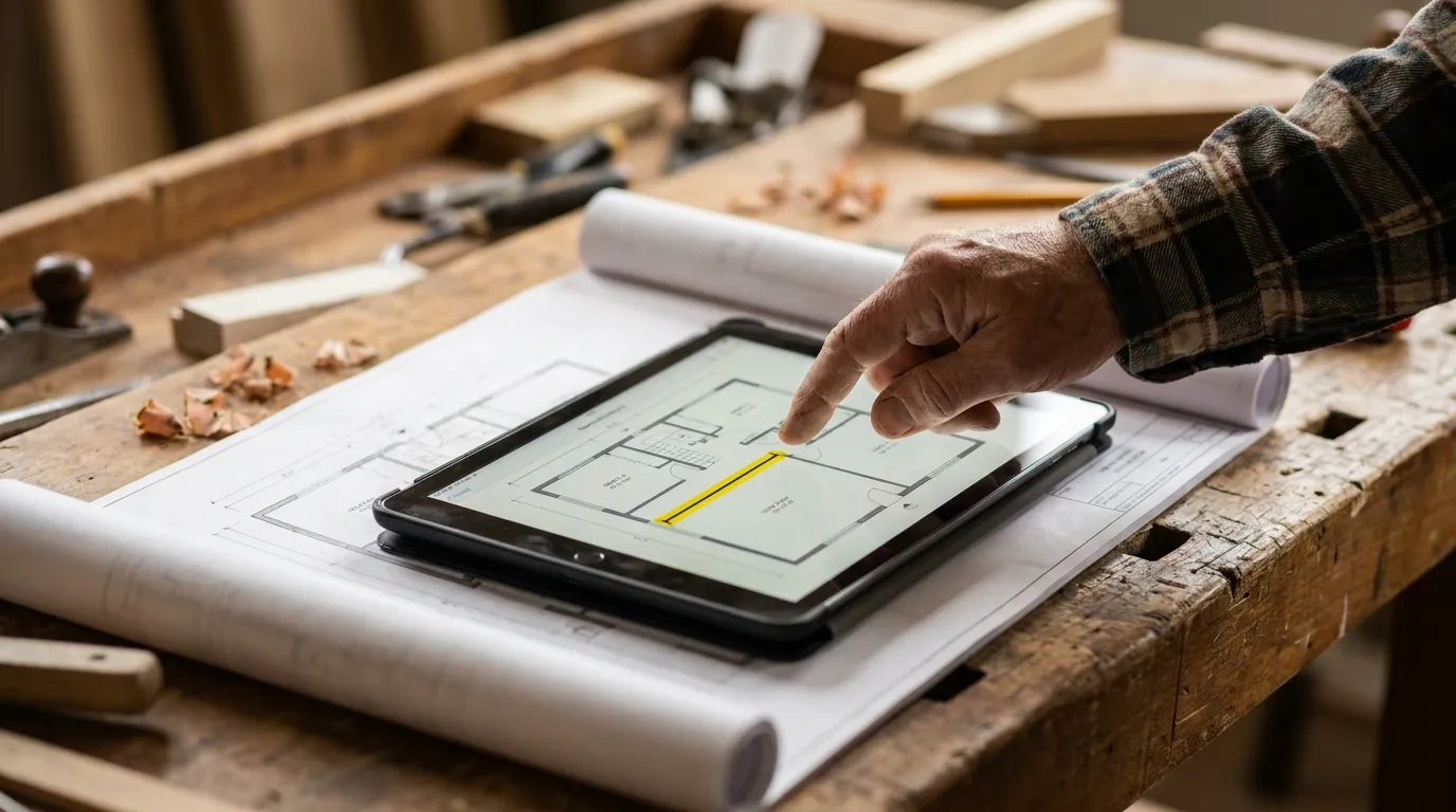Tablette posée à plat sur un plan d'architecte, affichant le même plan en numérique avec une ligne de mesure surlignée en jaune entre deux points
