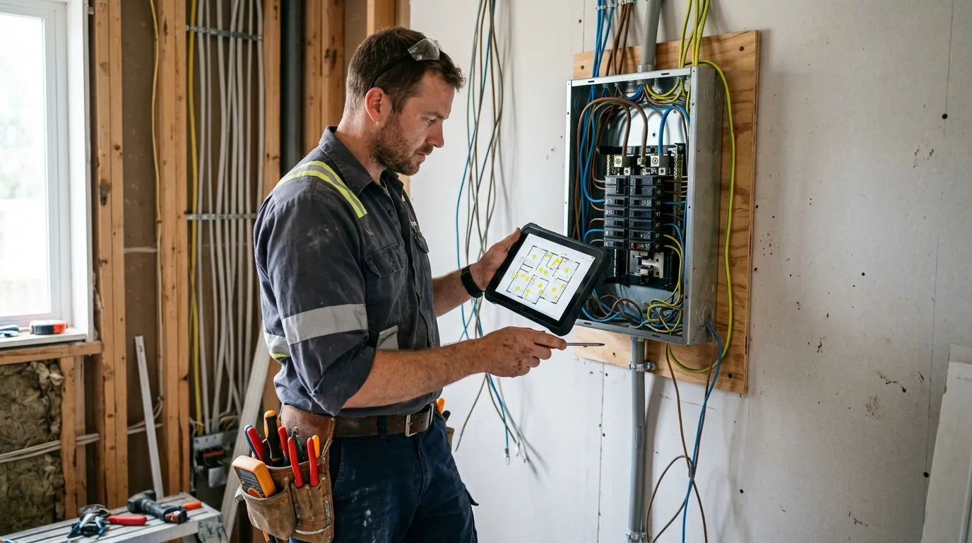 Professional electrician consulting an architectural plan on a tablet next to a partially wired electrical panel
