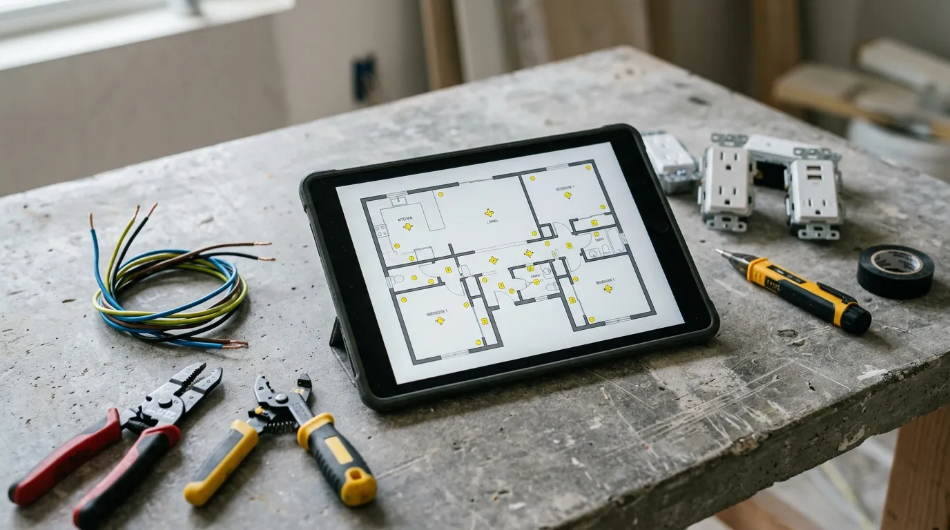 Tableta sobre un banco de trabajo con cables eléctricos, pelacables y módulos de enchufes, mostrando un plano arquitectónico con puntos amarillos marcando enchufes y luminarias