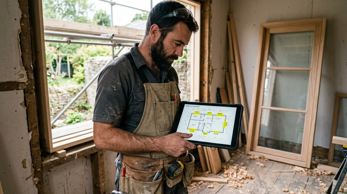 Professional joiner consulting an architectural plan on a tablet next to a window opening in a renovation