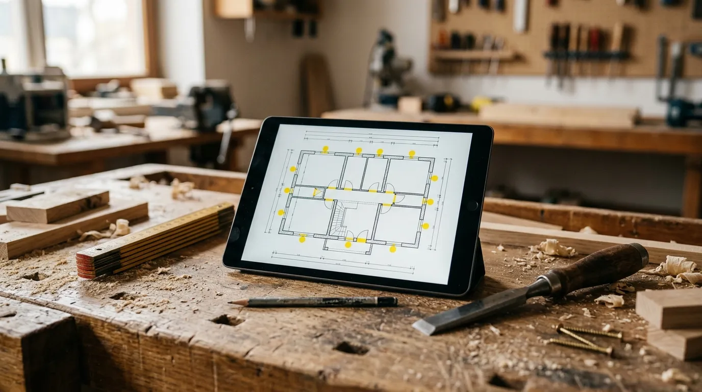 Tableta sobre un banco de carpintero cubierto de serrín con metro plegable y formón, mostrando un plano arquitectónico con huecos marcados en amarillo