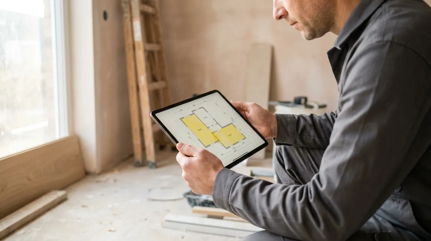 Construction professional on site consulting a PDF plan on a tablet, with no printed sheet of plan in sight