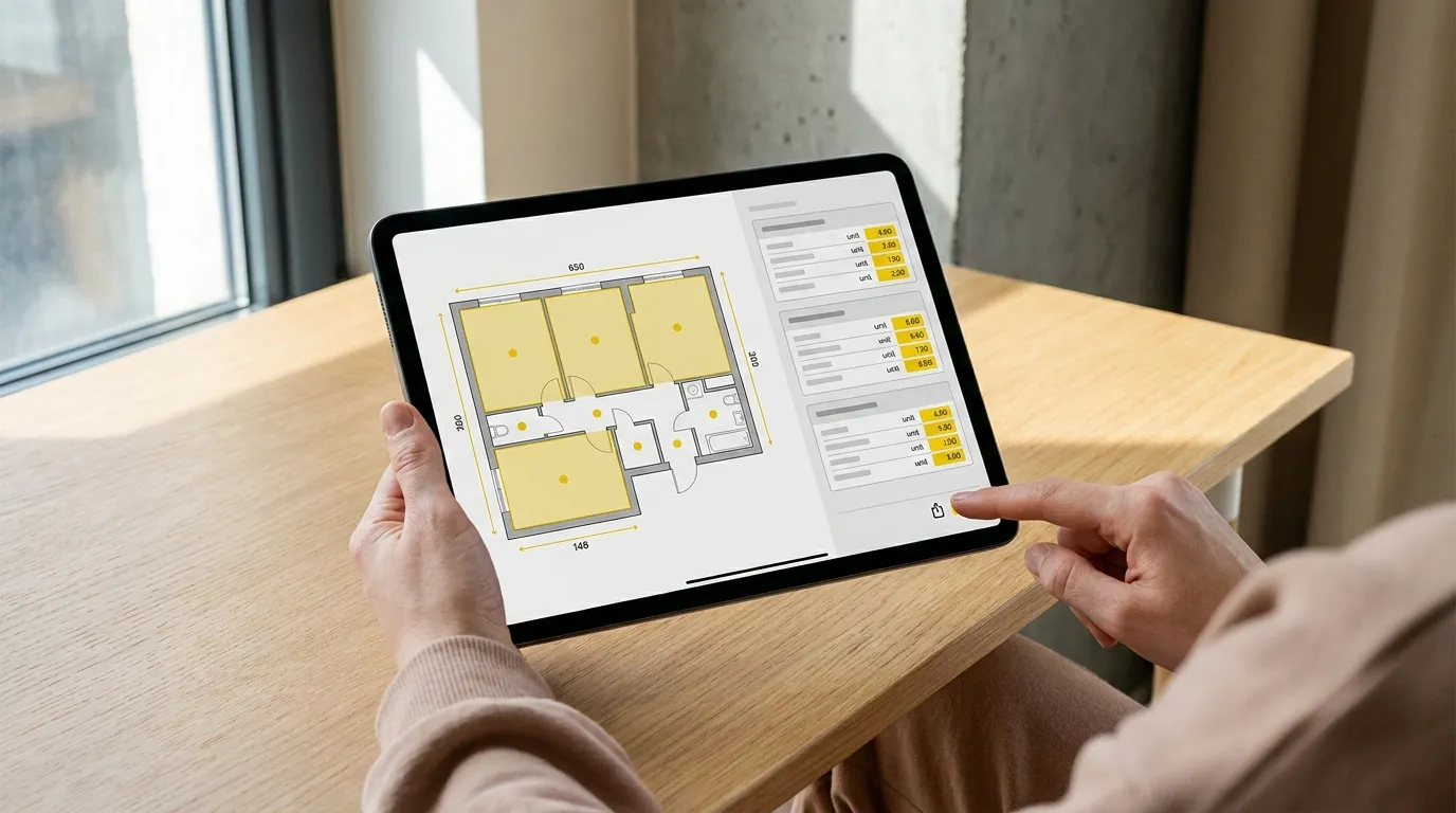 Tablet screen showing an annotated PDF plan with several yellow surfaces and a structured summary at the bottom