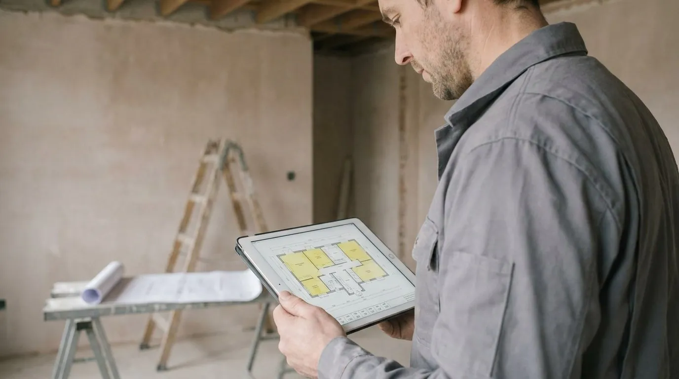 Artisan en chemise de travail grise consultant sur tablette un plan dont plusieurs pièces sont remplies en jaune, avec une ligne de chiffres en bas de l'écran