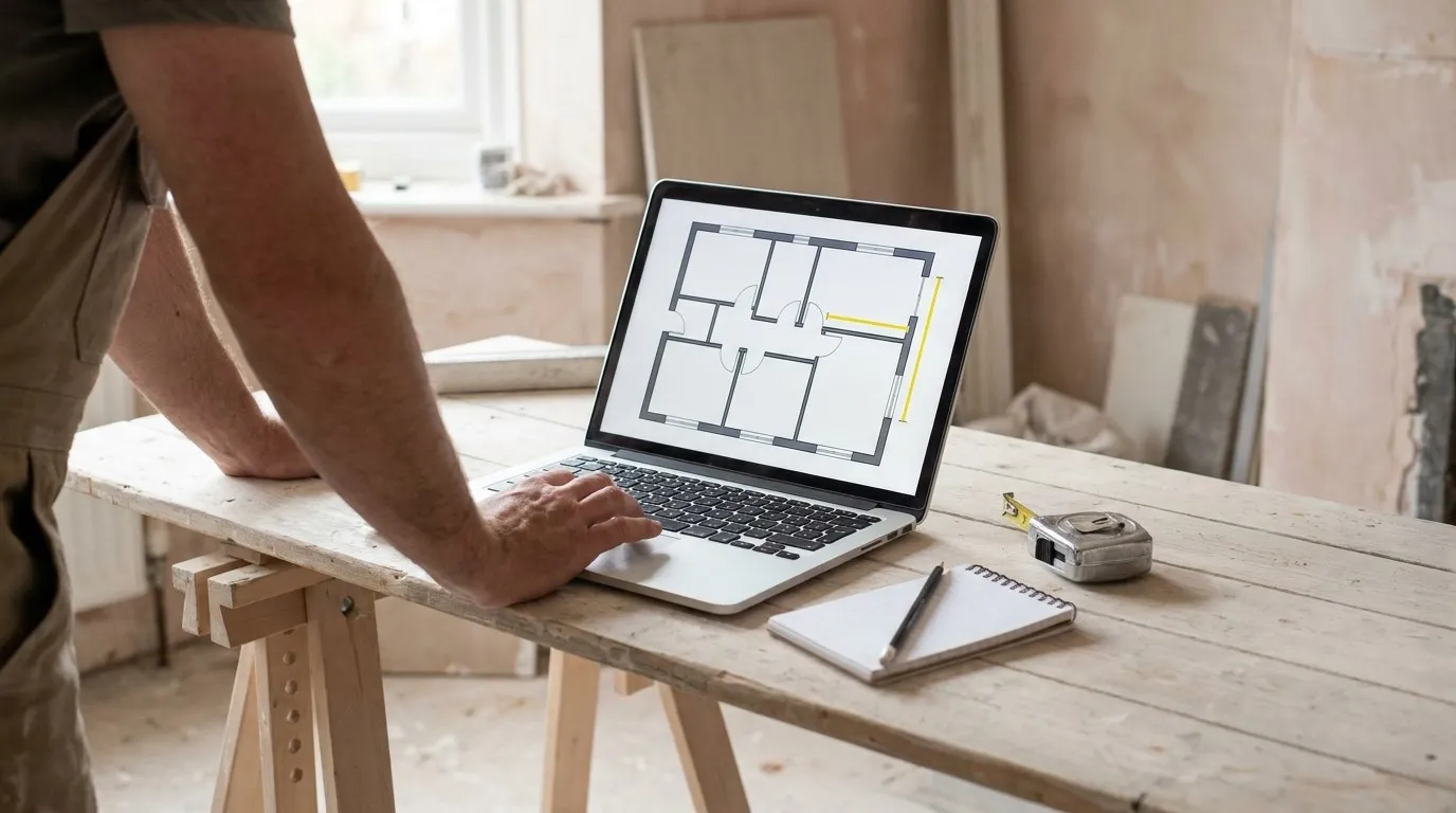 Ordinateur portable posé sur des tréteaux dans une pièce en travaux, affichant un plan d'architecte dont un mur porte un trait de mesure jaune, un mètre ruban et un carnet à côté