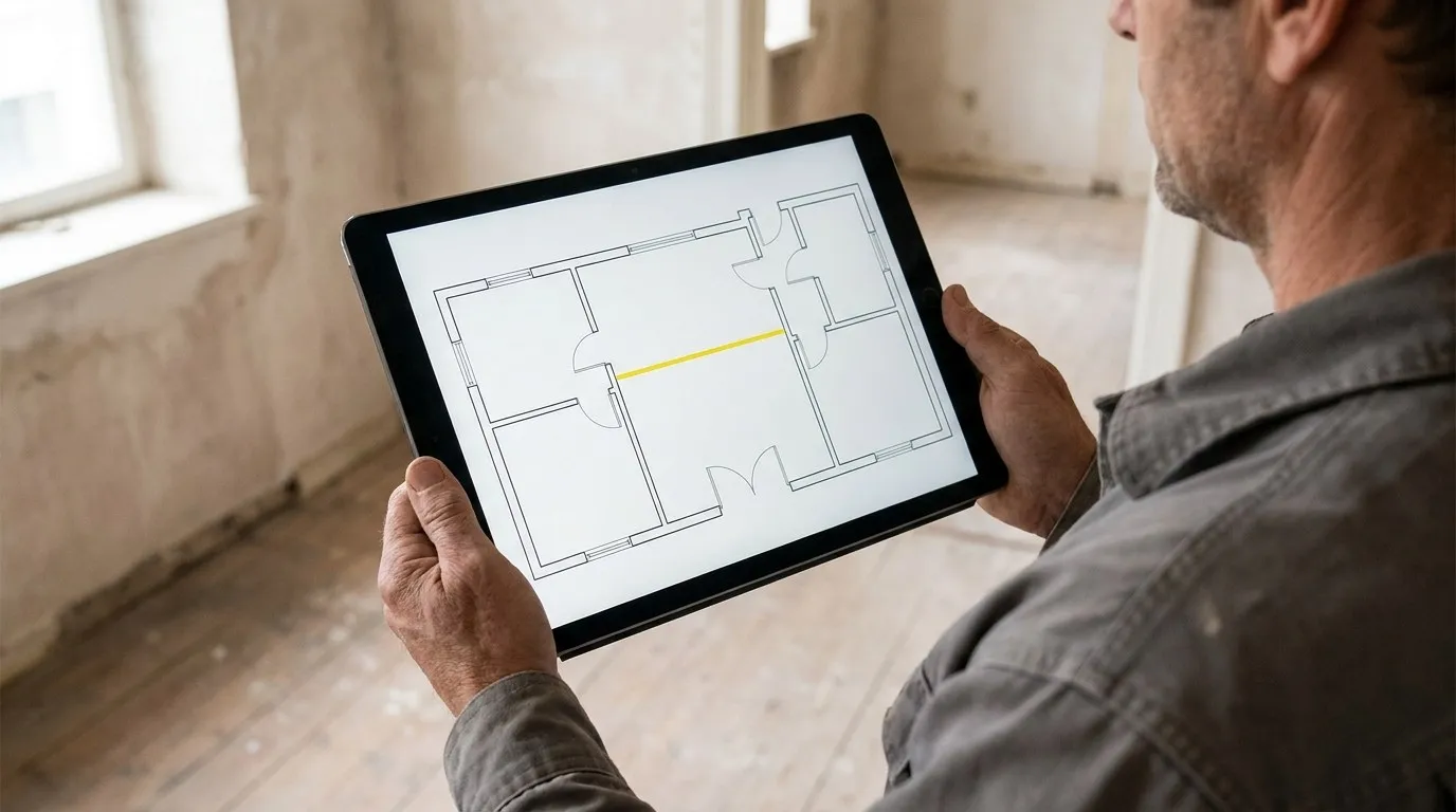 Tablette tenue à deux mains affichant le plan d'un appartement, un trait de mesure jaune traversant une pièce d'un mur à l'autre