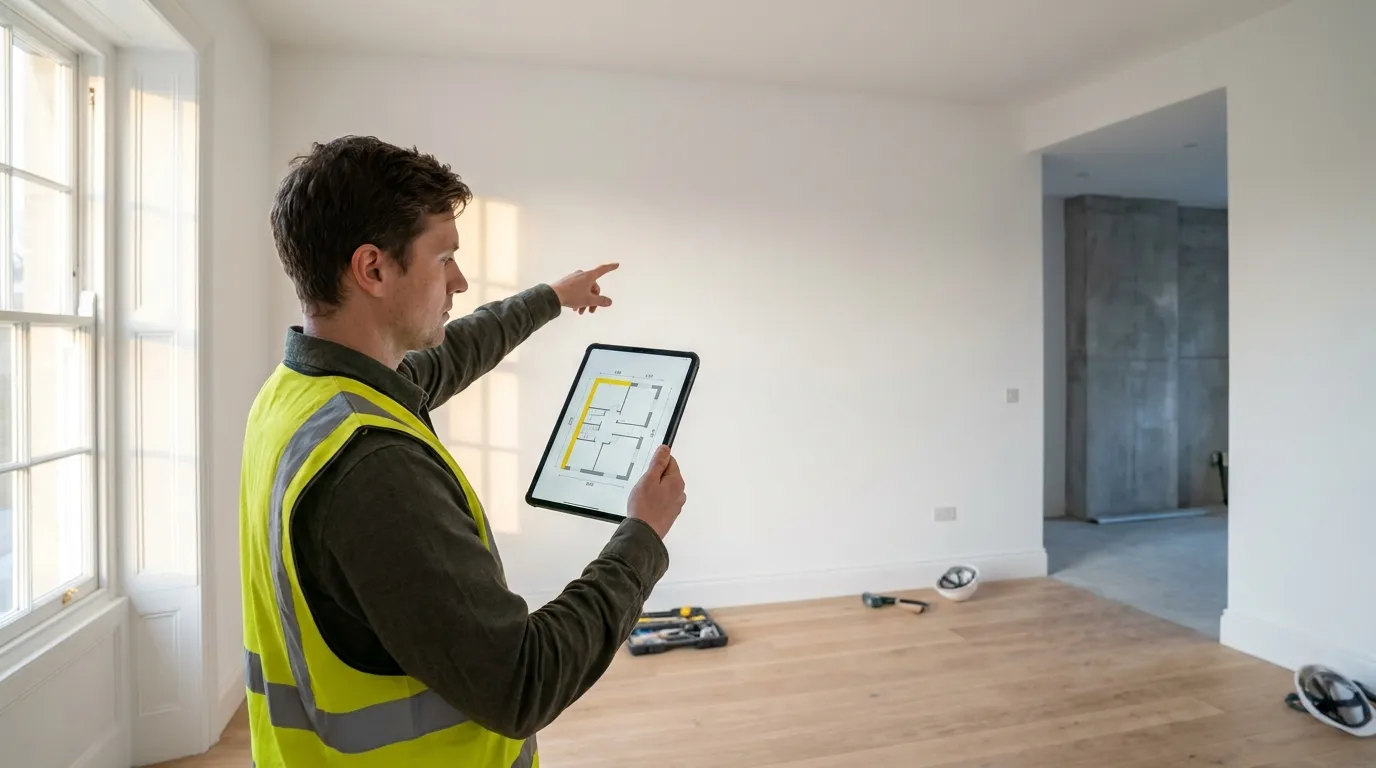 Construction professional in an empty room consulting their takeoff on tablet while visually verifying the actual room