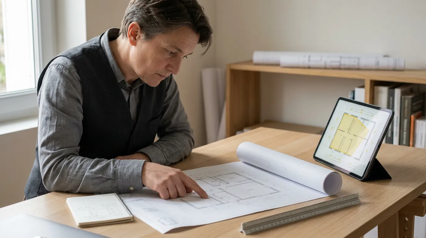 Construction estimator taking measurements from an architect's plan with a notebook and tablet nearby
