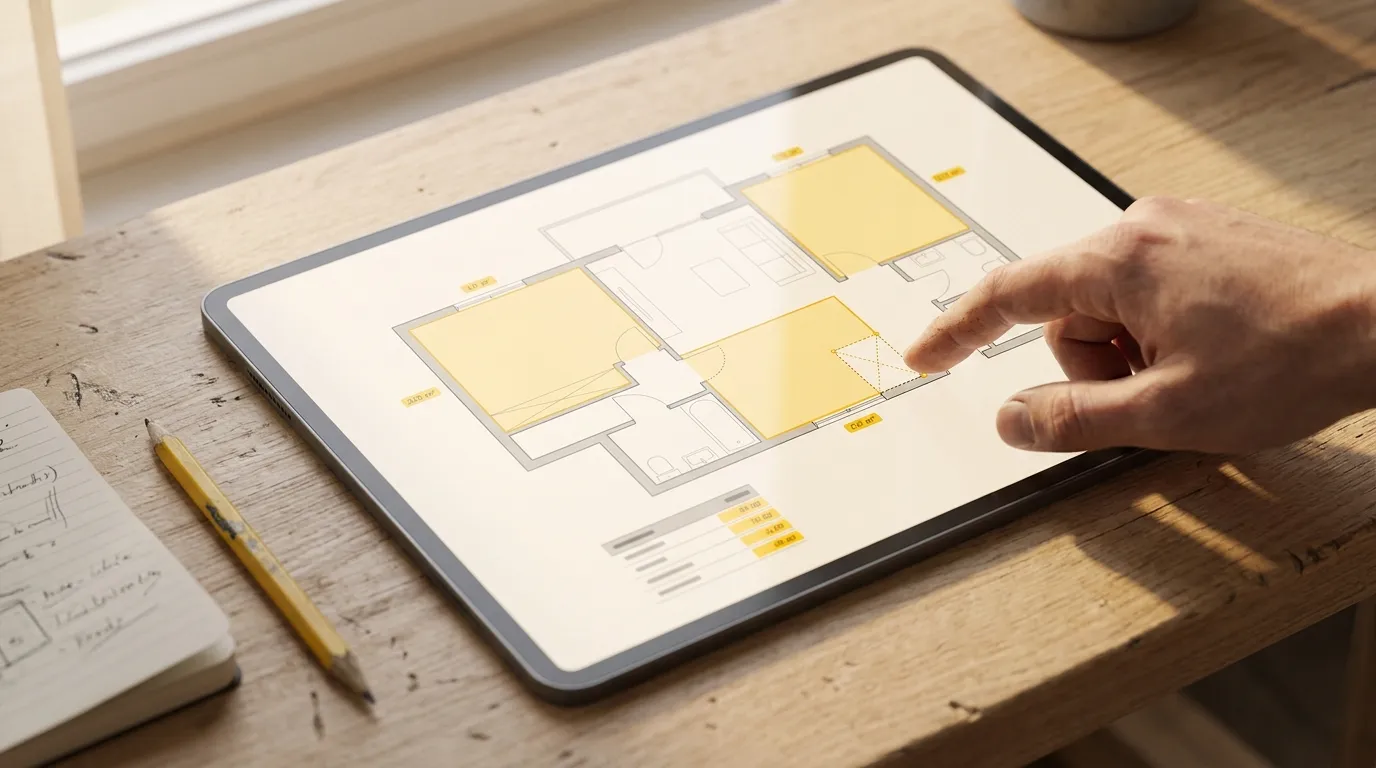 Close-up of a tablet showing an architect's plan with several rooms measured as coloured polygons and a surface summary at the bottom of the screen