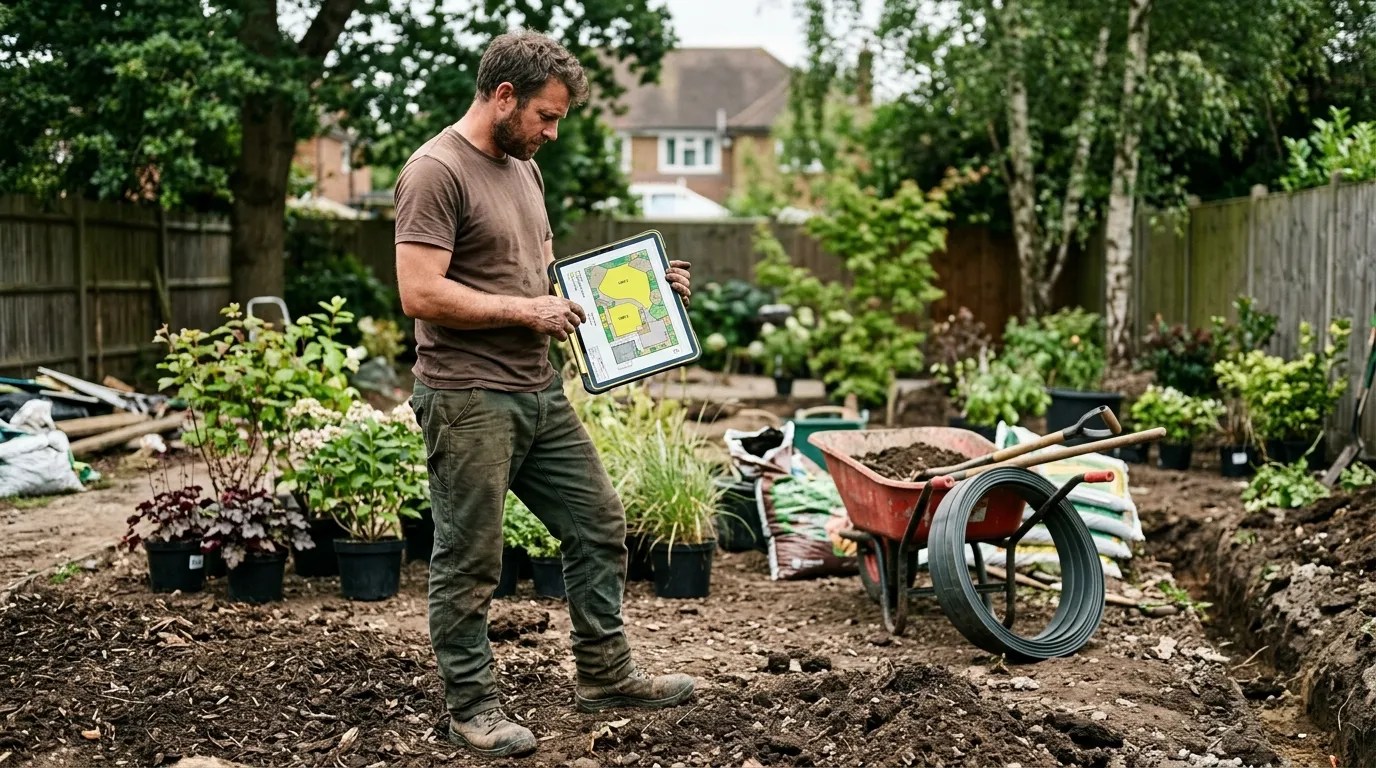 Professional landscaper consulting a site plan on a tablet in a garden under creation