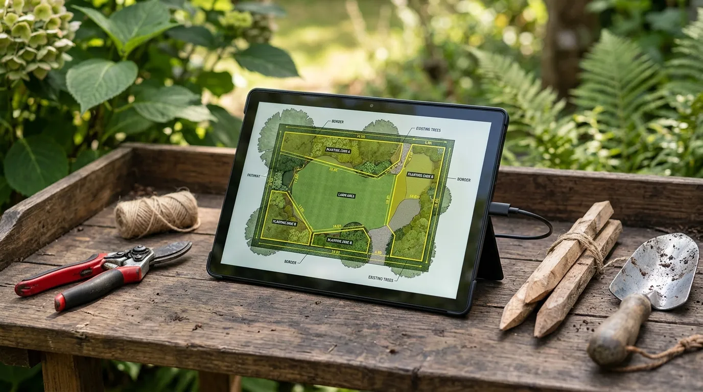Tableta sobre un banco de jardín con tijeras de podar, cordel y estacas, mostrando un plano paisajístico con zonas de césped marcadas en polígonos amarillos