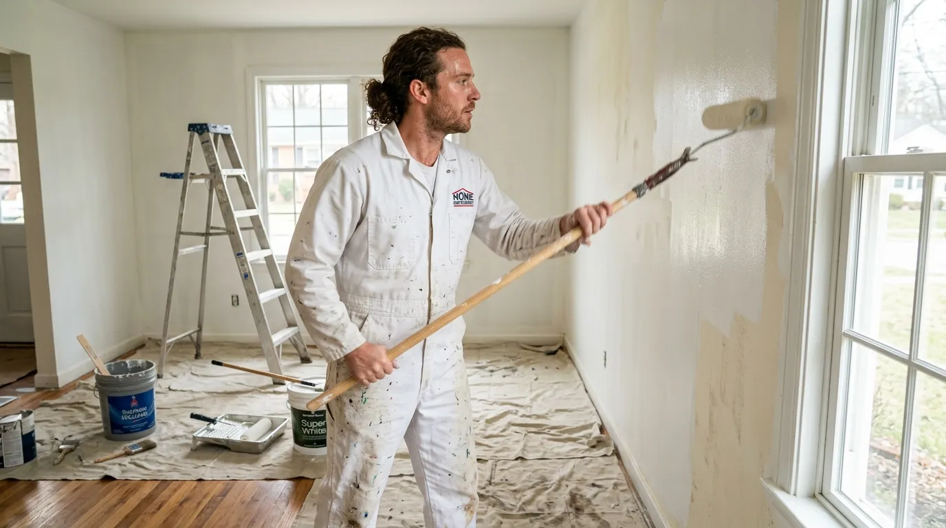 Professional house painter rolling a fresh white coat onto an interior wall during a renovation