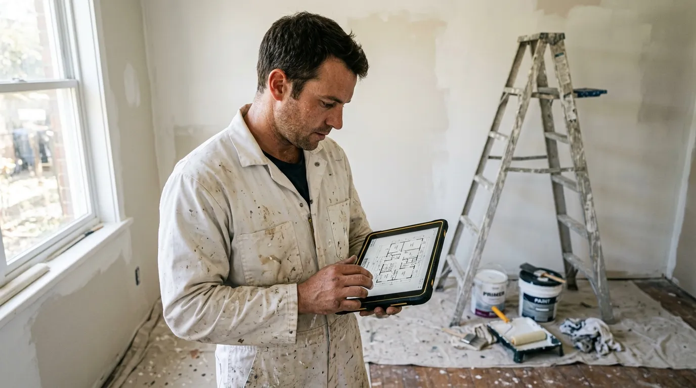 Professional house painter consulting an architectural plan on a tablet during an interior renovation
