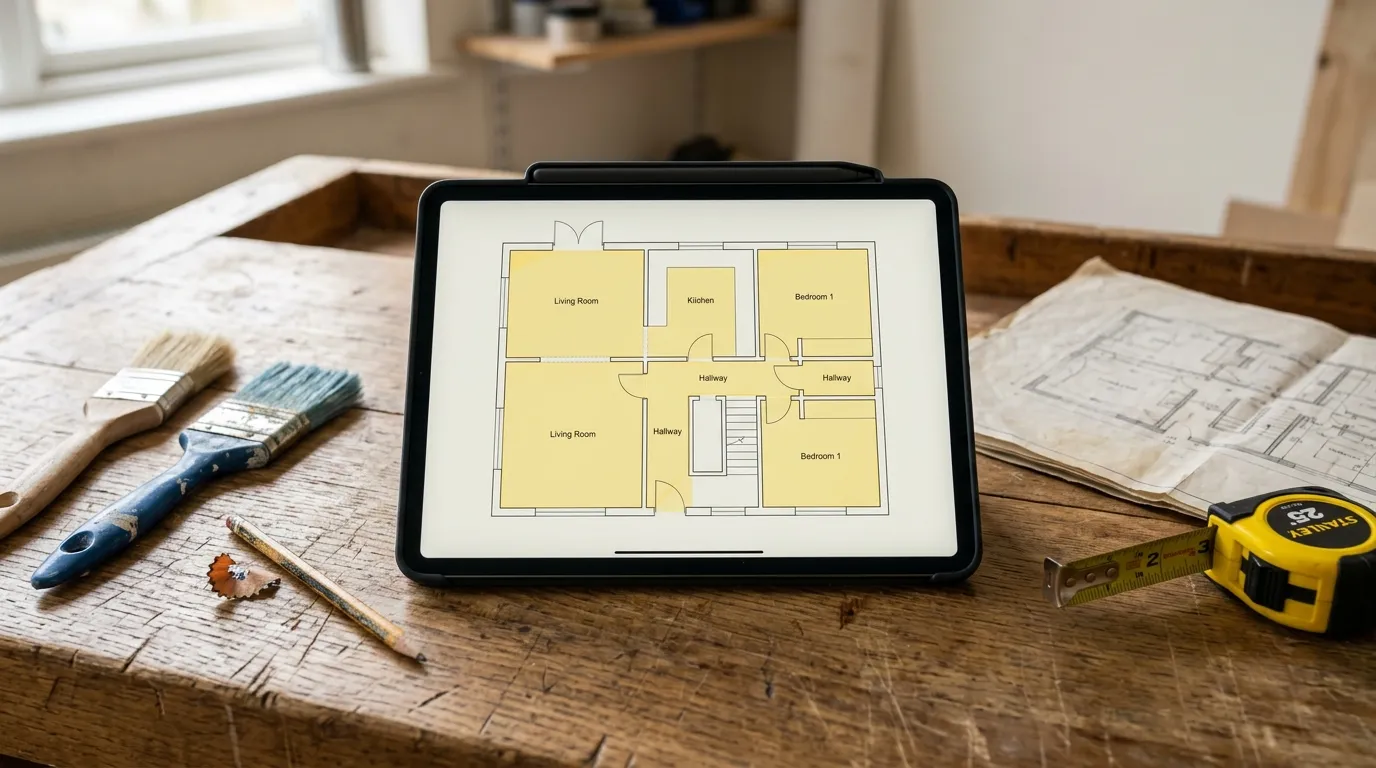 Tablet on a wooden workbench showing an architectural plan with yellow polygons marking measured surfaces, next to brushes and a tape measure
