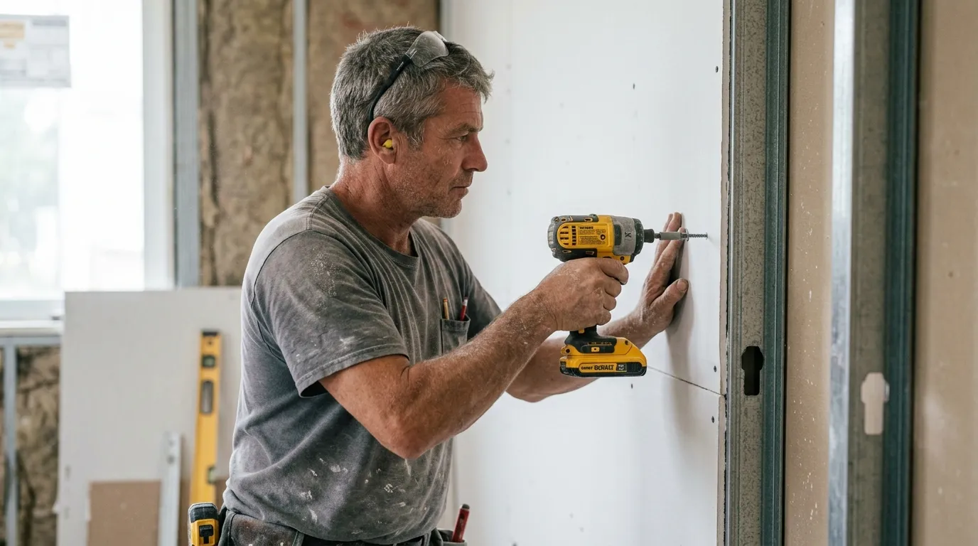 Drywall installer driving a screw into a plasterboard sheet on a metal stud frame