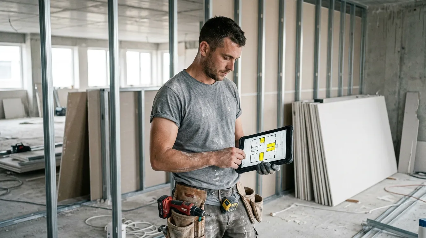 Professional drywall installer consulting an architectural plan on a tablet in front of a metal-stud partition frame