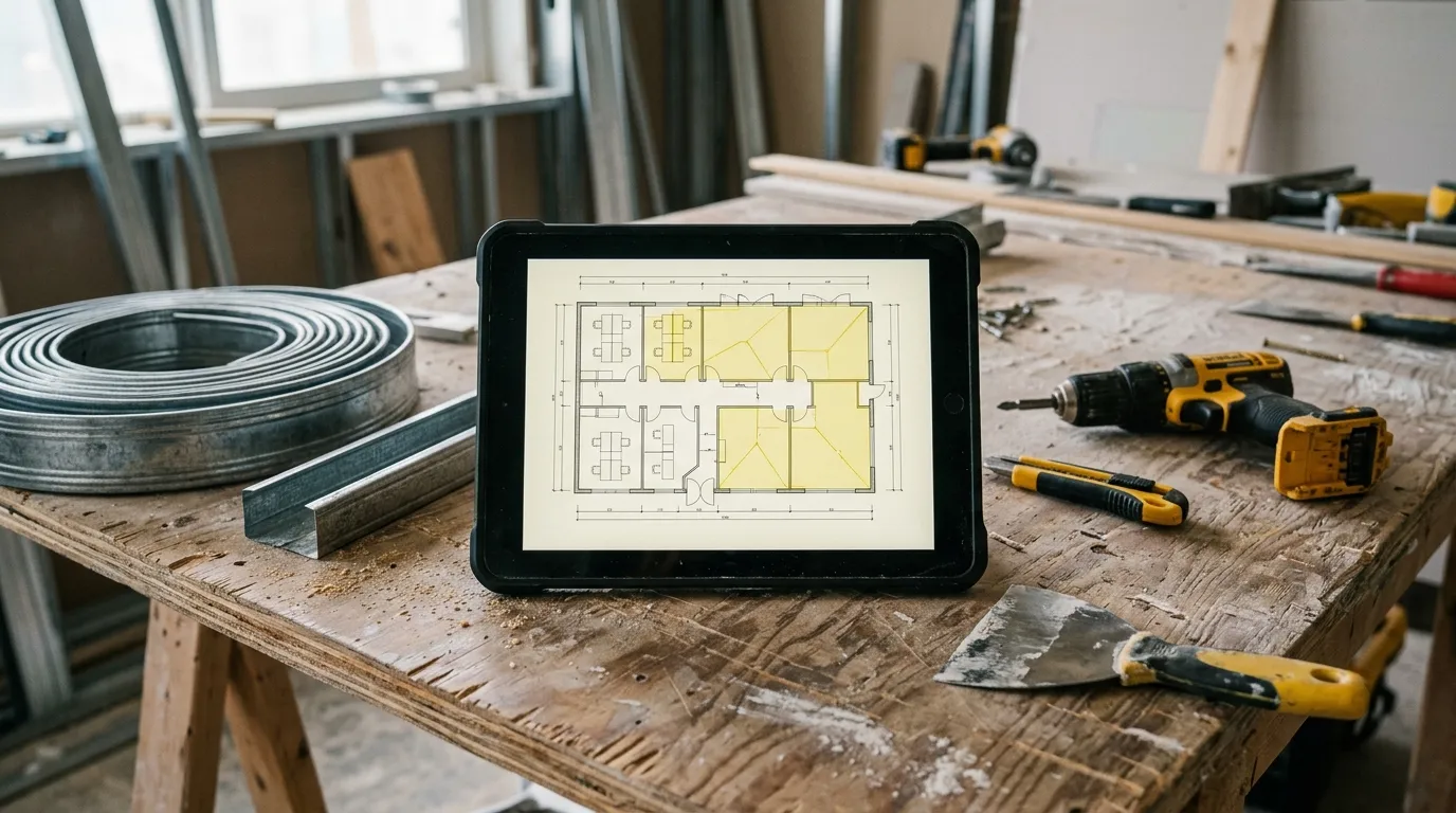 Tablet on a workbench with metal track, screw gun and knife, displaying an architectural plan with partitions and ceilings marked in yellow