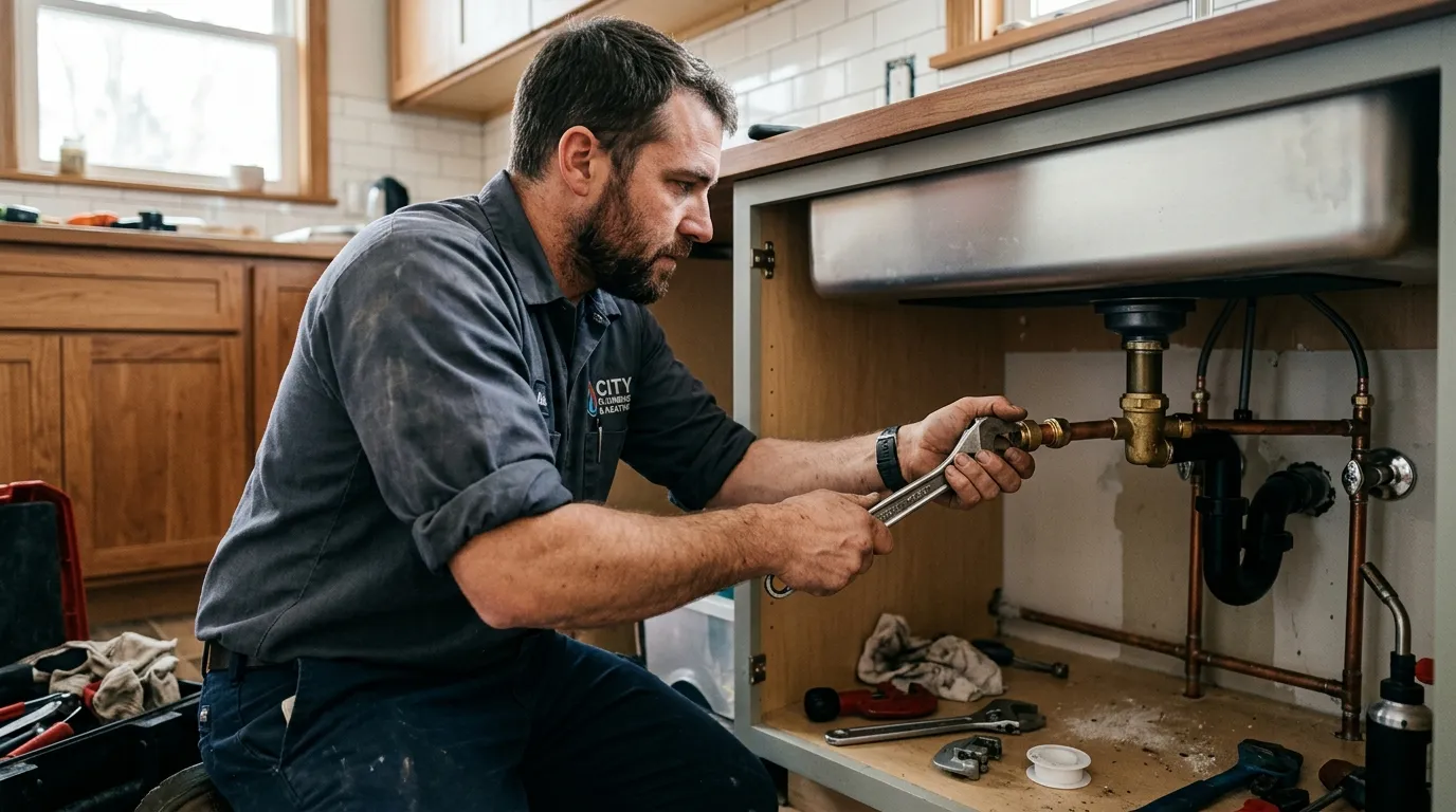 Plumber tightening a brass compression fitting on a copper pipe under a freshly installed sink