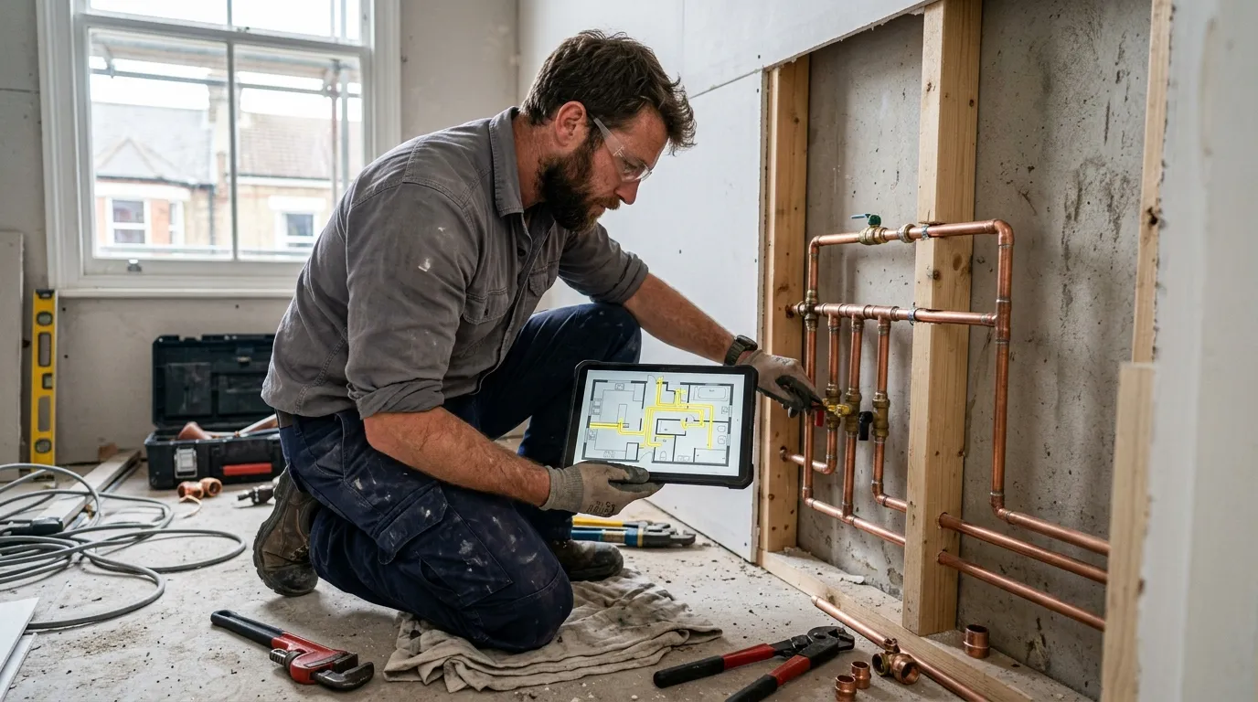 Professional plumber consulting an architectural plan on a tablet next to a copper pipe network under installation