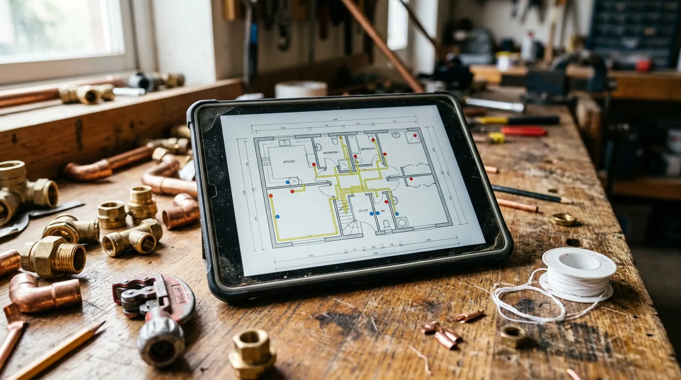 Tablet on a wooden workbench with copper and brass fittings, displaying an architectural plan with yellow pipe routes traced and water points marked