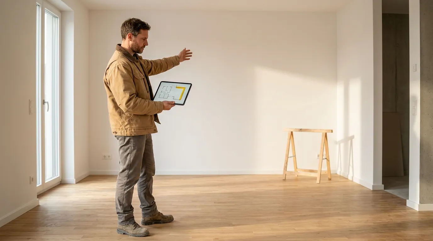 Construction professional inside a newly-renovated empty room, tablet in hand, comparing the on-screen plan against the actual room