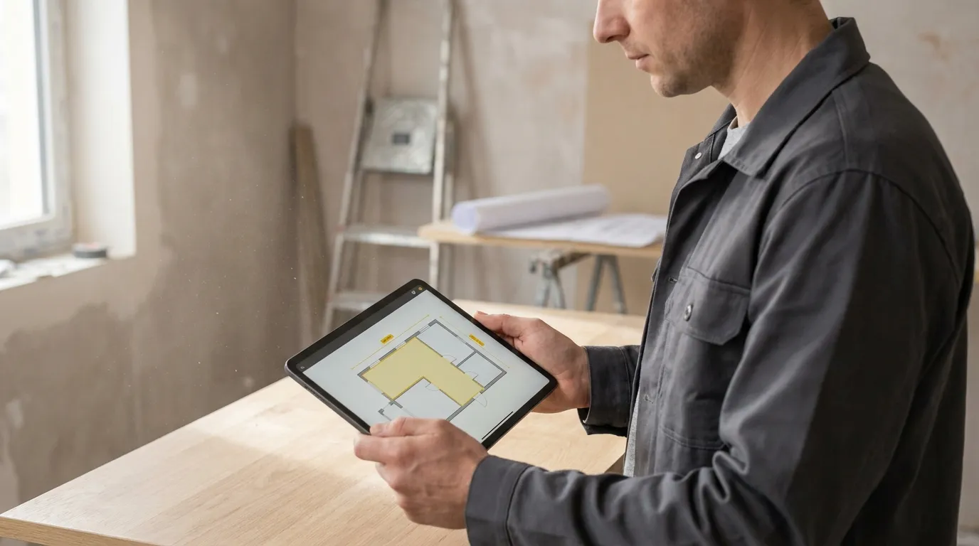 Construction professional consulting an annotated PDF plan on a tablet at an active jobsite, with one surface highlighted in yellow