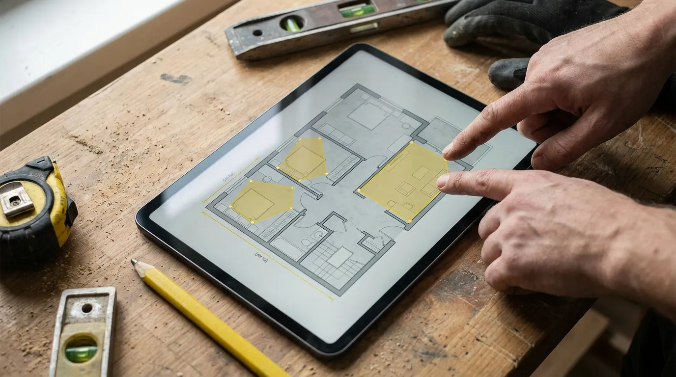 Tablet on a workbench showing an architect's plan with three rooms measured as yellow polygons and two length lines, with a hand adjusting a polygon vertex