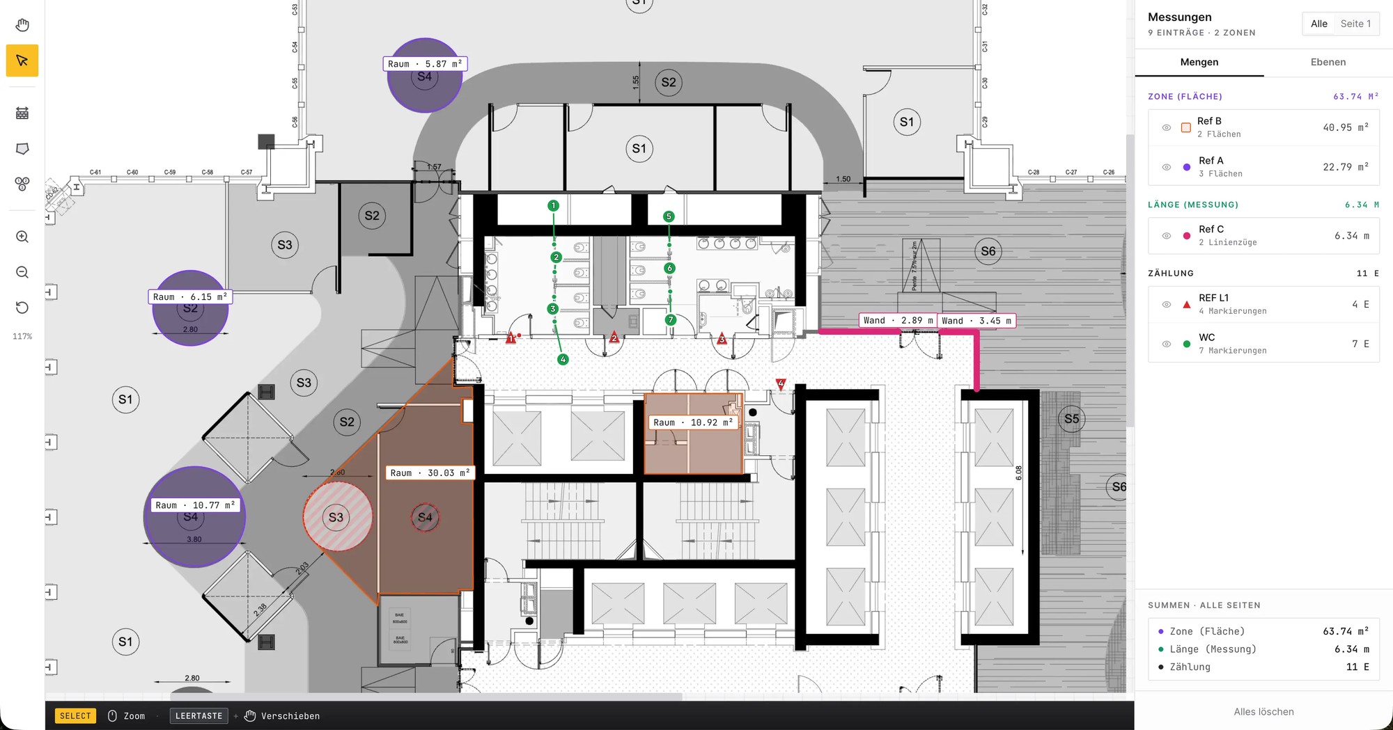 L'interface de mesure sur un plan PDF