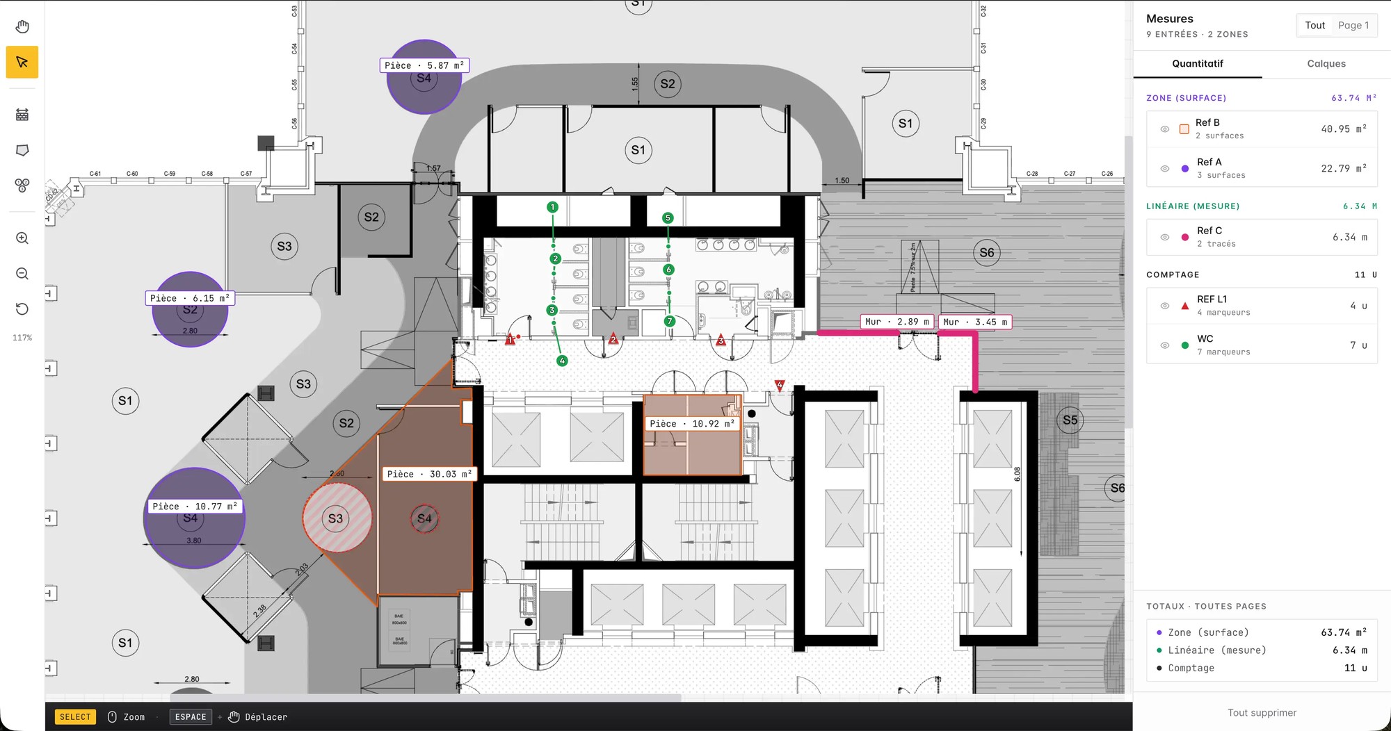 L'interface de mesure sur un plan PDF